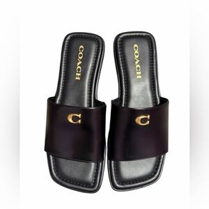 Coach Black Leather Slide Sandals with Gold Accent